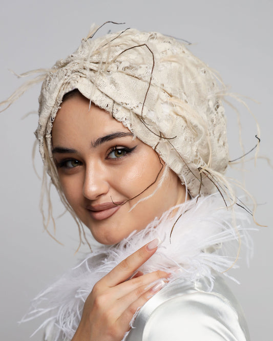 Bridal Feathery Sequined Lace Turban