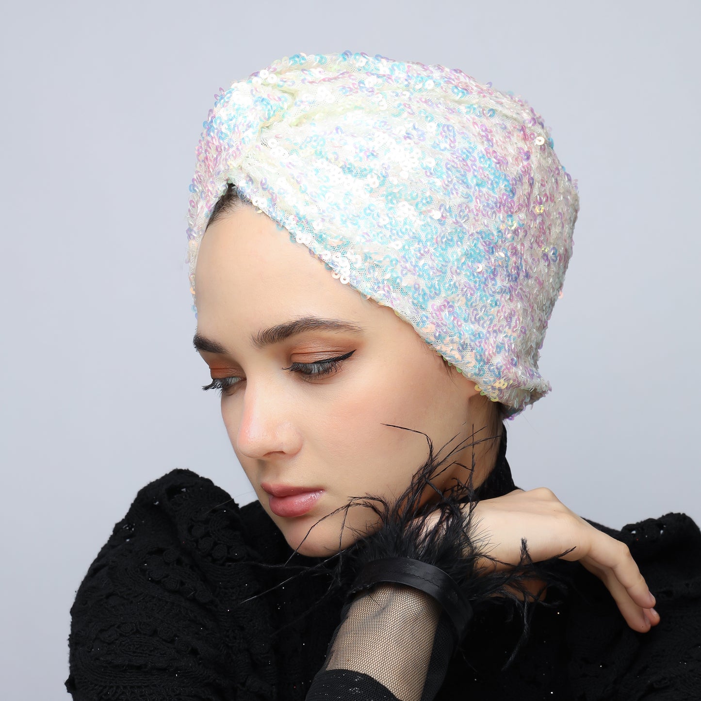 White Rainbow Sequin Turban