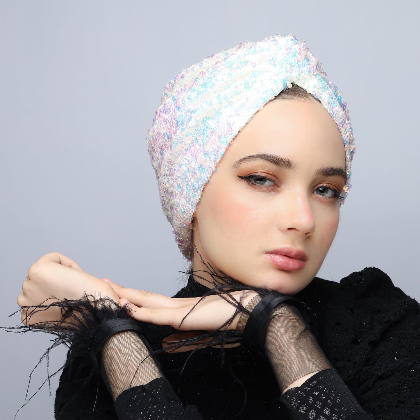 White Rainbow Sequin Turban