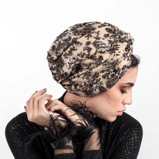 Golden beige sequin turban