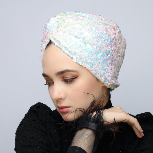 White Rainbow Sequin Turban
