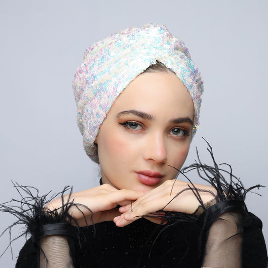 White Rainbow Sequin Turban