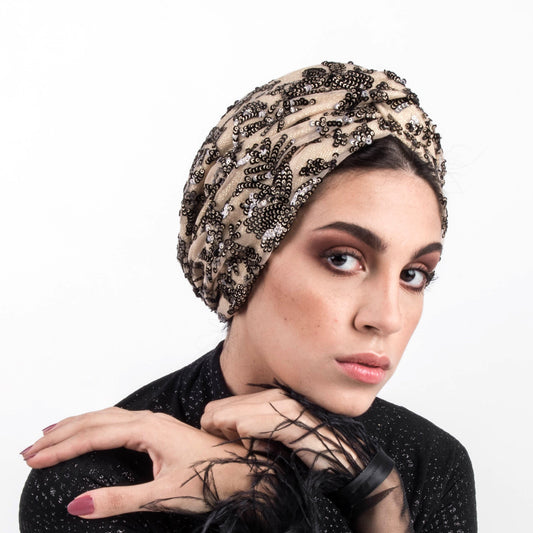 Golden beige sequin turban